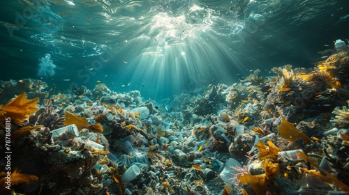 Beneath the surface of the ocean, a scuba diver navigates through a labyrinth of plastic and garbage waste, their mission clear: to clean and remove the debris that threatens the health of our seas. 