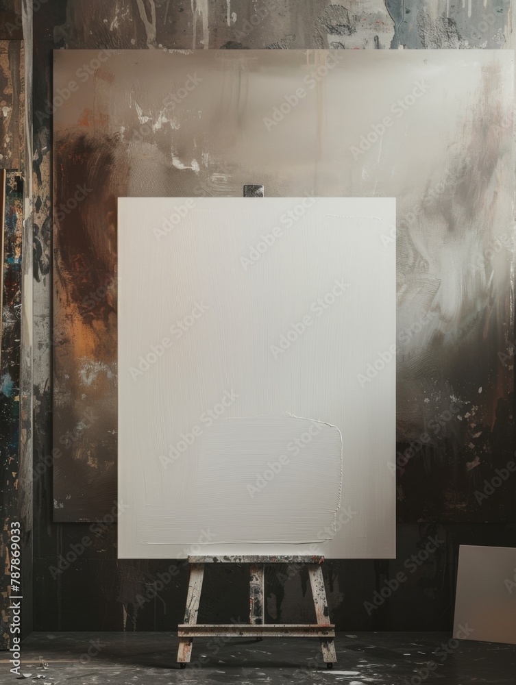 A white canvas on a wooden easel with a white canvas on it - obrazy, fototapety, plakaty 