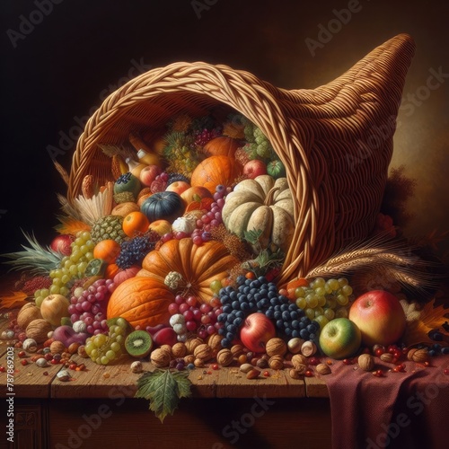 A realistic still life painting of a cornucopia made of woven straw  filled with a variety of fruits  vegetables  and nuts