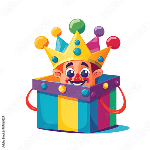 Vector flat color cute cartoon smiling jack-in-the-box jester with crown popping out of colorful gift boxes on a black background