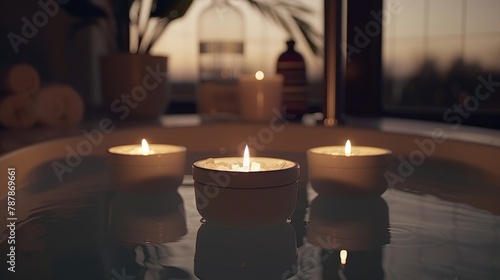   Three lit candles sit atop a table  near a potted plant