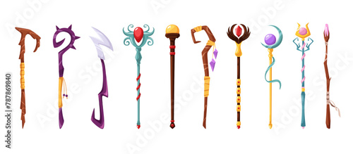 Magic wizard sticks. Magical staff, wizard weapon and shaman wands cartoon fantasy game assets isolated vector illustration set