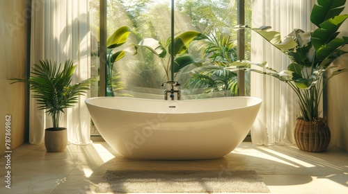   A white bathtub sits in a bathroom  near a window Potted plants border the tub s side