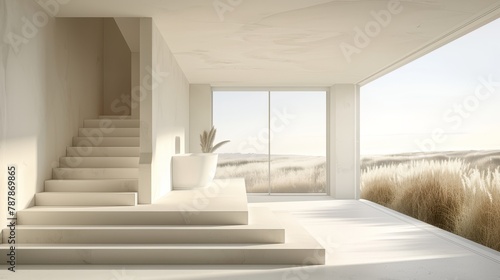   A room featuring a staircase  a plant in a vase by the window  and a scenic view of a wheat field