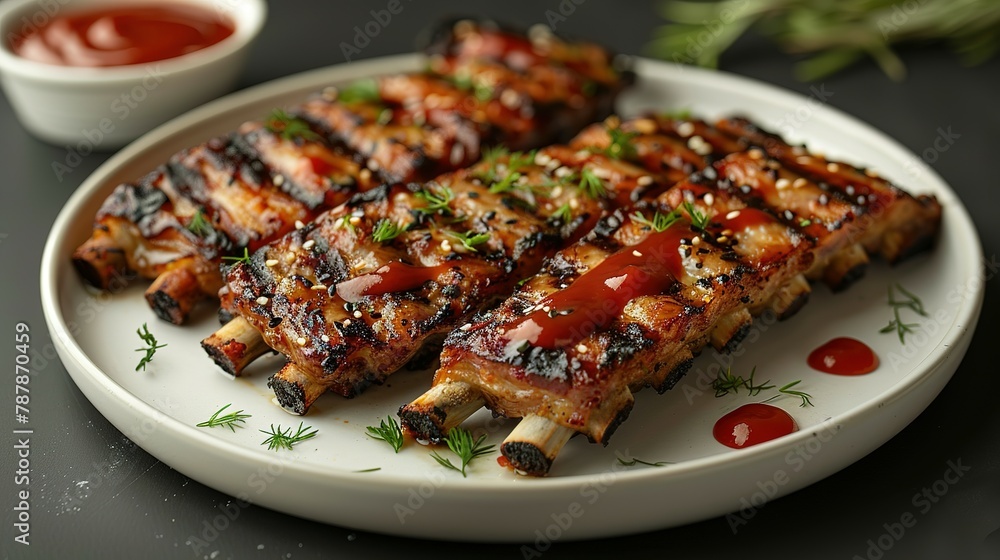 Grilled pork ribs in Barbecue sauce on white plate top view, Image for Cafe and Restaurant Menus Grilled pork ribs in Barbecue sauce on white plate top view, Image for Cafe and Restaurant Menus