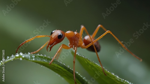 Weaver ant on a wet leaf eating a berry Indonesia.generative.ai 