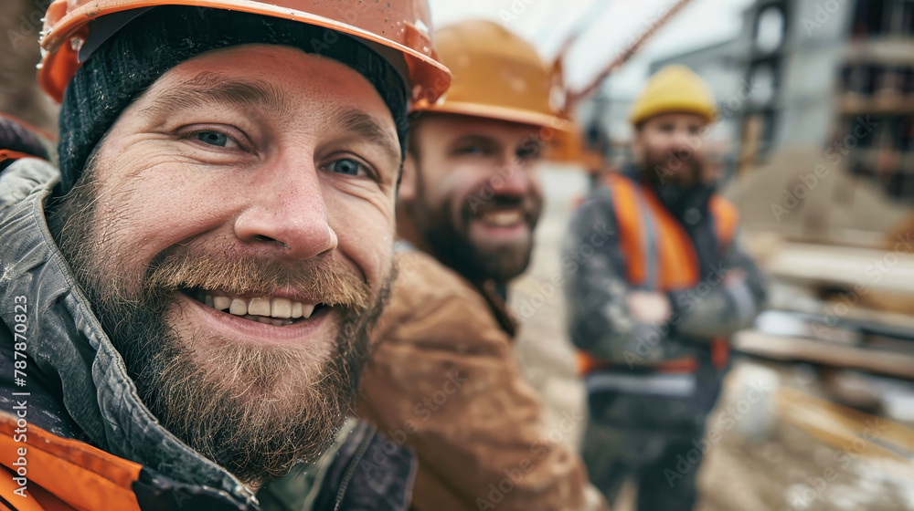 A group of cheerful construction workers standing together, sharing a light-hearted moment and enjoying each others company A group of cheerful construction workers standing together, sharing a light-hearted moment and enjoying each others company