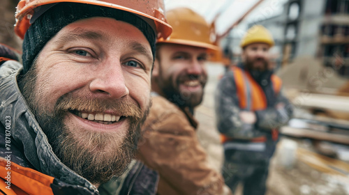 A group of cheerful construction workers standing together, sharing a light-hearted moment and enjoying each others company