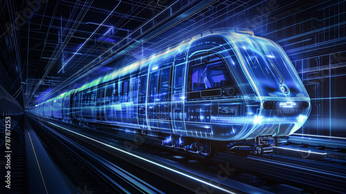 A sleek modern train speeds through a dark tunnel, glowing with neon lights, on an exciting journey to the unknown