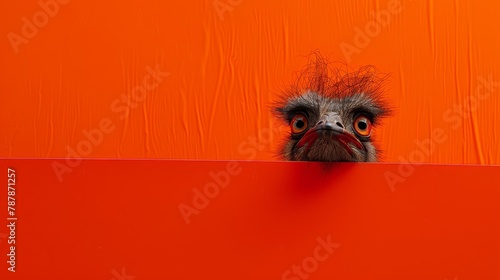  An ostrich peeks over a red wall, its head sticking out from the top