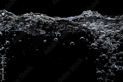 Water Surface with Ripple and Bubbles Float Up on Black Background.