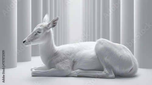  A white deer rests atop a pristine white floor Nearby stands a tall white column, and behind it, white curtains billow