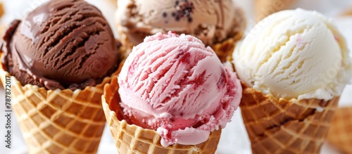 Assortment of ice cream scoops in cones featuring chocolate, vanilla, and strawberry flavors.