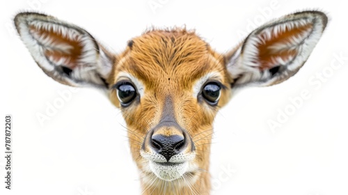   A tight shot of a deer s face with oversized ears and a short  chocolate-hued pate