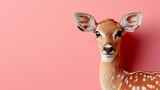   Close-up of a deer's head against pink backdrop, featuring a white mark on its ear
