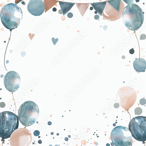 Watercolor background with balloons and polka dots in blue and pink.