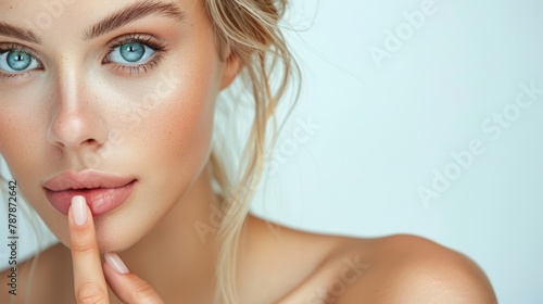  A tight shot of a woman with blue eyes touching her fingertips to her lips, with one finger tucked beneath