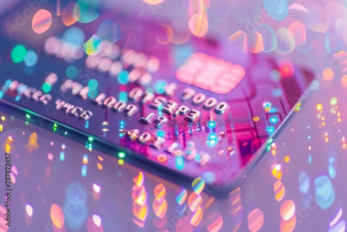 Close-up of a sparkling credit card under colorful lights creating a futuristic feel