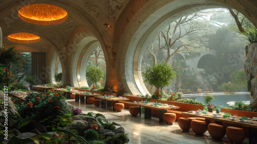 Olive Gardan restaurant but sustainable architecture, futuristic,generative ai photo