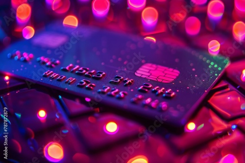 Close-up of a credit card with glowing numbers under colorful lights photo