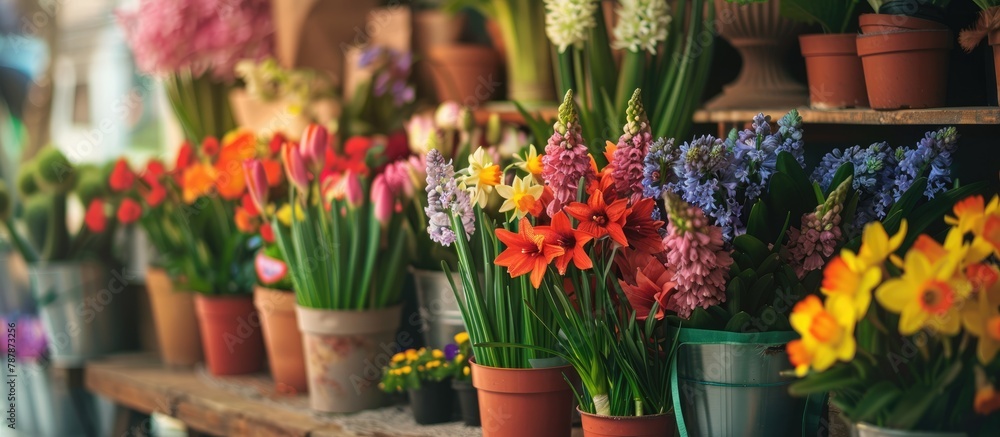 In a Greek flower shop during springtime, there are festive arrangements of blooming plants like hyacinths, daffodils, mint, and kalanchoe.