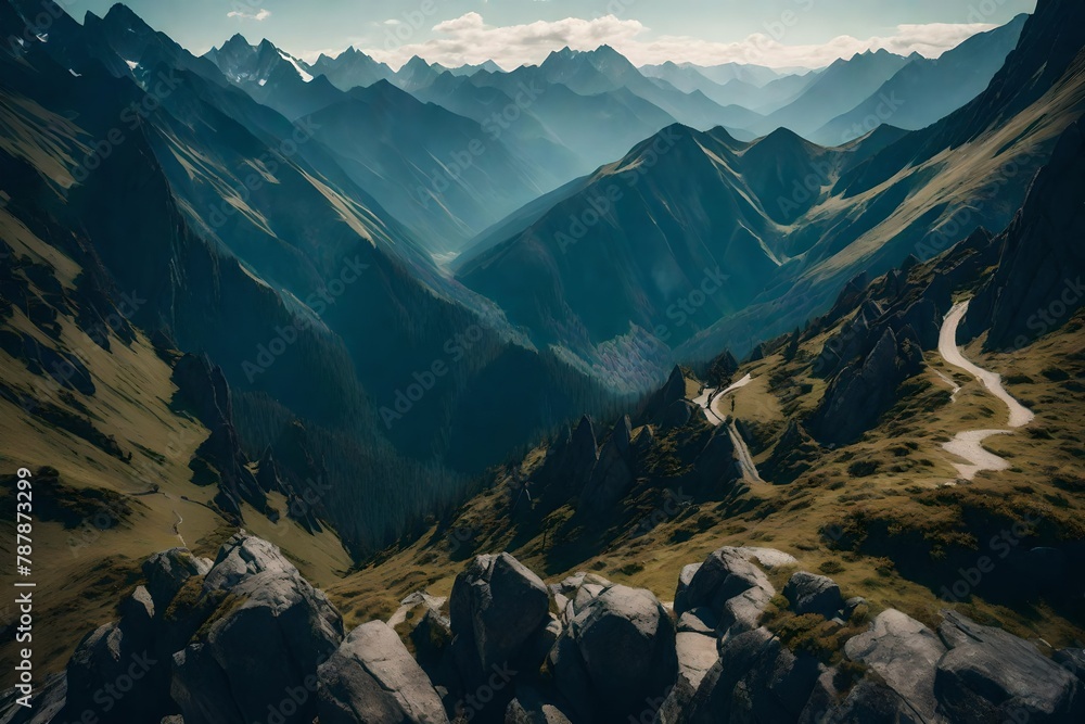 A sweeping view of craggy peaks, a panoramic ode to the resilience of mountains.