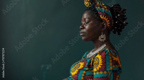 Elegant African woman in traditional attire with closed eyes depicting serenity