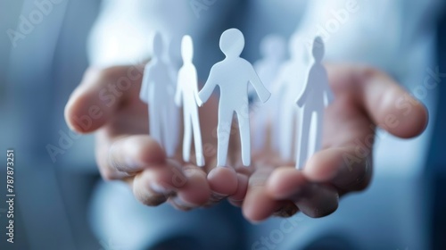 Close-up view of hands holding paper cut-out figures representing workforce diversity photo