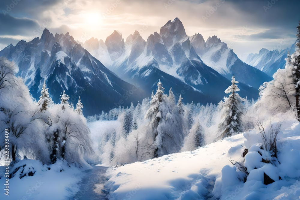 Snow-draped peaks spanning the horizon, a winter panorama of quiet majesty.