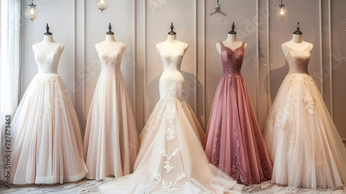 Various elegant wedding dresses in shop, generative Ai
