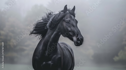  A black horse gallops through a foggy field, trees silhouetted against the overcast sky