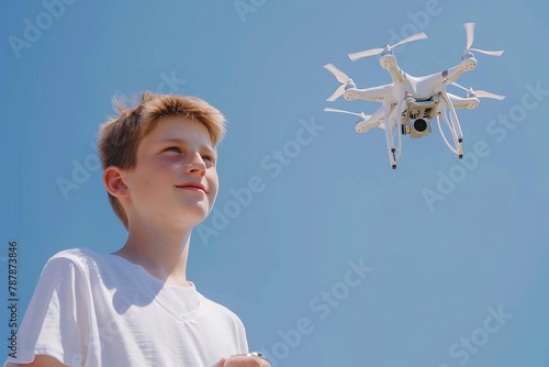 European teenager enjoys flying a hobby drone on a sunny day, capturing aerial photography photo