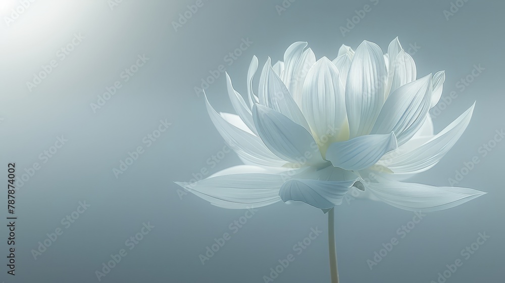 Fototapeta premium A large, white flower atop a lush green field amidst a foggy sky