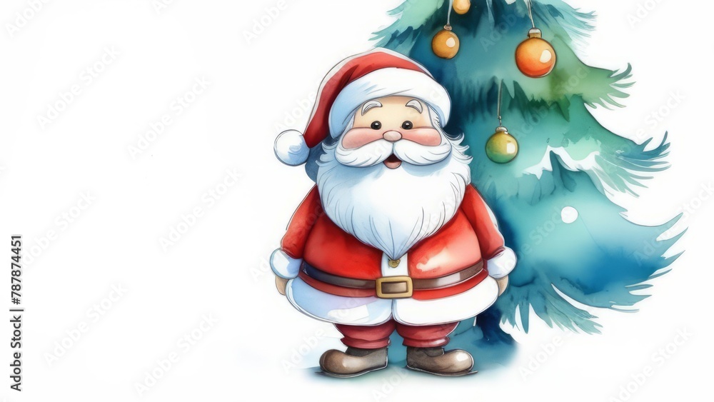 Santa Claus with Christmas tree, watercolor illustration. New Year card, banner, isolated on white background. Santa Claus with Christmas tree, watercolor illustration. New Year card, banner, isolated on white background.