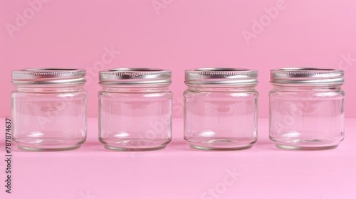   A line of glass jars atop a pink countertop  beside a white and silver container with a silver-lidded lid
