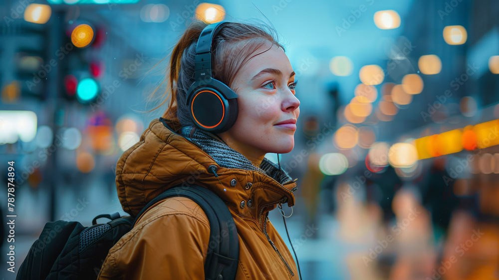 a traveler with headphones, listening Music,generative ai