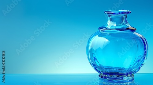  A blue vase atop a blue table, adjacent to a blue wall and a light blue background