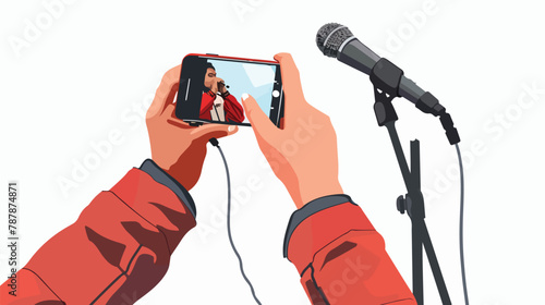 Hands holding a smartphone. Person with microphone on