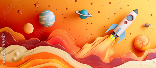 a rocket flying in space planet in 3d colorful paper art style photo