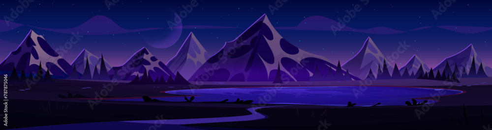 Night mountains landscape with lake or river, dark starry sky. Cartoon vector illustration of panoramic dusk midnight scenery with high rocky hill peaks, water pond and trees. Evening country scene. - obrazy, fototapety, plakaty 