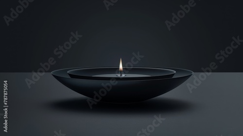   A black bowl holds a lit candle, situated on a black surface against a backdrop of a black wall photo