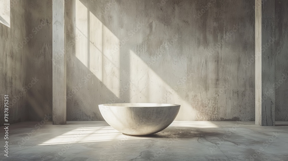 A large, pristine white bowl sits centrally in a minimalist room Concrete walls encircle it, and sunlight filters in through the windows A large, pristine white bowl sits centrally in a minimalist room Concrete walls encircle it, and sunlight filters in through the windows