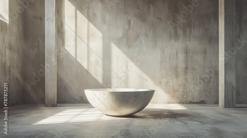   A large, pristine white bowl sits centrally in a minimalist room Concrete walls encircle it, and sunlight filters in through the windows