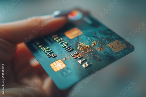 Close-up view of a person holding a credit card with a sparkling design photo