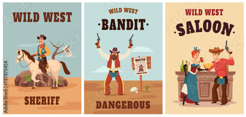 Wild west posters. Sheriff adventure, dangerous wanted bandit and saloon scene vector illustration set