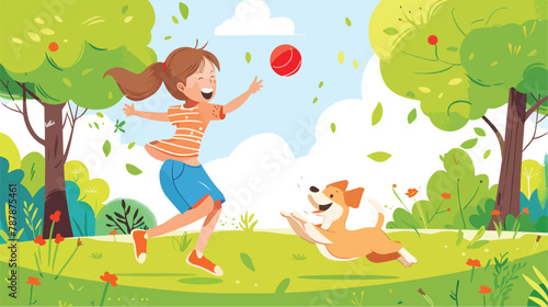 Happy girl playing fun game with dog in playground or