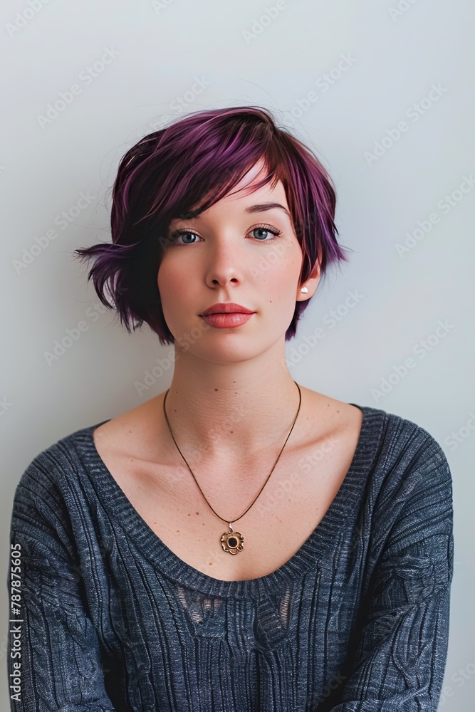 Young Woman With Vibrant Purple Hair Posing Against a Concrete Wall Young Woman With Vibrant Purple Hair Posing Against a Concrete Wall