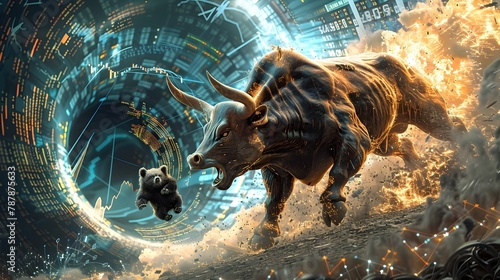 Powerful Bull Confronting Cautious Bear in Swirling Vortex of Financial Data and Market Trends photo