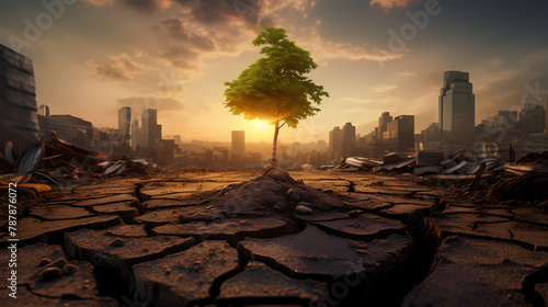A tree grows on dry land photo