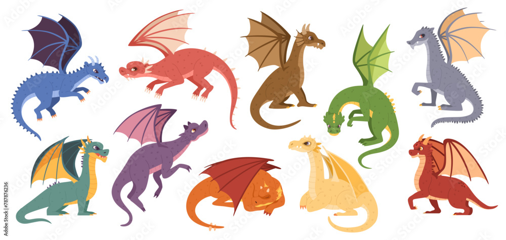 Fototapeta premium Magic dragons. Mythical creatures, flying dragon and fantasy monster isolated cartoon vector illustration set